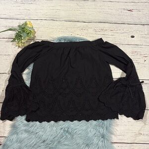 Trovata birds of paradis black off shoulder eyelet bell sleeve blouse